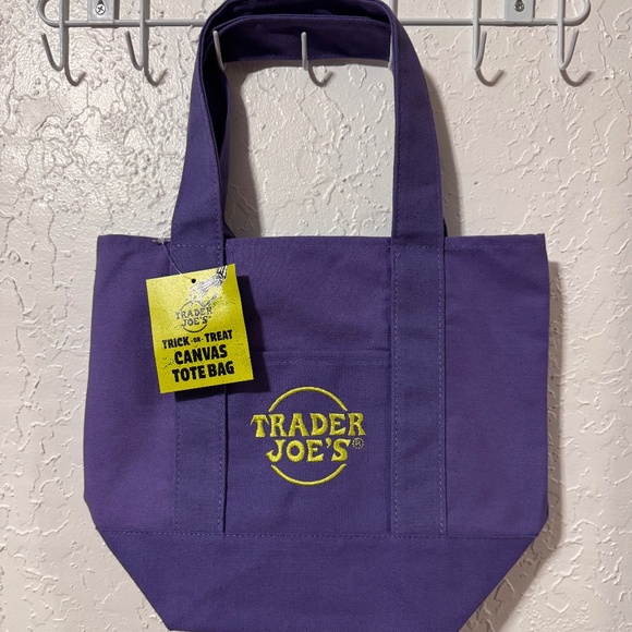NWT Trader Joes Mini Canvas Tote Bag Halloween Limited Edition Purple & Green - Picture 1 of 2
